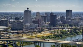 A view of the city's skyline seen from a bridge in Downtown Memphis, Tennessee Aerial Stock Photos | DXP002_177_0001