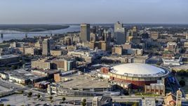 FedEx Forum arena and city skyline at sunset, Downtown Memphis, Tennessee Aerial Stock Photos | DXP002_180_0005