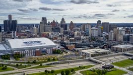Football and baseball stadiums with view of skyline, Downtown Detroit, Michigan Aerial Stock Photos | DXP002_191_0004