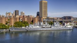 A view of the USS Little Rock in Downtown Buffalo, New York Aerial Stock Photos | DXP002_200_0006