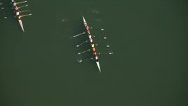 HD aerial stock footage of rowing teams practicing on Lady Bird Lake in Austin, Texas Aerial Stock Footage | AF0001_000135