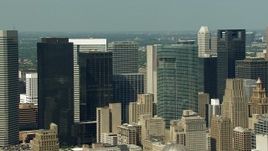 HD aerial stock footage of passing by skyscrapers and high-rises in Downtown Houston, Texas Aerial Stock Footage | AF0001_000269