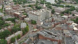 HD aerial stock footage of orbiting Harvard University campus and Harvard Square in Cambridge, Massachusetts Aerial Stock Footage | AF0001_000729