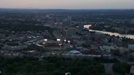 HD aerial stock footage of a baseball game in progress at Fenway Park, Boston, Massachusetts, sunset Aerial Stock Footage | AF0001_000809