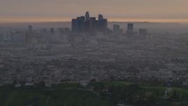 5K aerial stock footage of a view of Downtown Los Angeles skyline from the east at twilight, California Aerial Stock Footage | AF0001_000994
