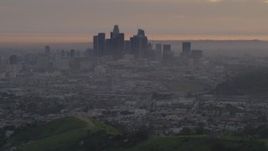 5K aerial stock footage of a view west at the Downtown Los Angeles skyline at twilight, California Aerial Stock Footage | AF0001_000995