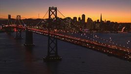 1080 aerial stock footage of the Bay Bridge with Downtown San Francisco, California, behind it at twilight Aerial Stock Footage | AI08_SF1_15
