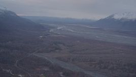 4K aerial stock footage flying by rivers through valley, Chugach Mountains, Knik River Valley, Alaska Aerial Stock Footage | AK0001_0067