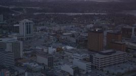 4K aerial stock footage flyby hotels, Downtown Anchorage, Alaska, twilight Aerial Stock Footage | AK0001_0106