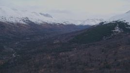 4K aerial stock footage a valley and snowy Chugach Mountains, Alaska Aerial Stock Footage | AK0001_0252