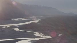 4K aerial stock footage fly over Butte end, approach Old Glenn Highway bridge, Knik River Valley, Alaska Aerial Stock Footage | AK0001_0302