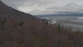 4K aerial stock footage flying low over train tracks, trees, revealing Turnagain Arm of the Cook Inlet, Alaska Aerial Stock Footage | AK0001_0358