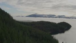 4K aerial stock footage fly over forested hillside, reveal fog covered bay, Prince William Sound, Alaska Aerial Stock Footage | AK0001_0412