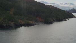 4K aerial stock footage tilt up revealing shoreline, reveal glacier and island, Blackstone Bay, Alaska Aerial Stock Footage | AK0001_0468