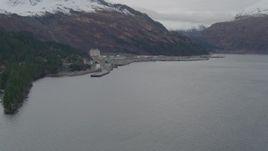 4K aerial stock footage flying over the bay, approaching docks, Whittier, Alaska Aerial Stock Footage | AK0001_0499
