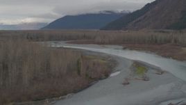 4K aerial stock footage following river cutting through dead trees in the valley, Portage, Alaska Aerial Stock Footage | AK0001_0516