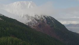4K aerial stock footage flying up wooded slope toward snow capped peak, Kenai Mountains, Alaska Aerial Stock Footage | AK0001_0525