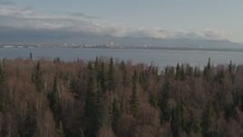 4K aerial stock footage over trees, reveal Downtown Anchorage across inlet, Point MacKenzie, Alaska Aerial Stock Footage | AK0001_0596