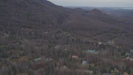 4K aerial stock footage flying over homes, wooded foothills, tilt down, Birchwood, Alaska Aerial Stock Footage | AK0001_0649