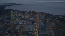 4K aerial stock footage West 6th Ave to West 3rd Ave, winter, Downtown Anchorage, Alaska, twilight Aerial Stock Footage | AK0001_0731