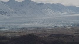 4K aerial stock footage approaching snow-covered Chugach Mountains, Tazlina Glacier, Alaska Aerial Stock Footage | AK0001_0914