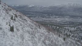 4K aerial stock footage flying around snowy slope, approaching wooded valley, Chugach Mountains, Alaska Aerial Stock Footage | AK0001_0953