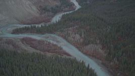 4K aerial stock footage flying over river and trees during winter, Klutina River, Alaska Aerial Stock Footage | AK0001_0972