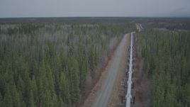 4K aerial stock footage following pipeline through forest, during winter, Trans-Alaska Pipeline, Alaska Aerial Stock Footage | AK0001_0980