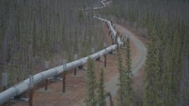 4K aerial stock footage fly low over pipeline through forest, during winter, Trans-Alaska Pipeline, Alaska Aerial Stock Footage | AK0001_0987