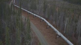 4K aerial stock footage a reverse view of the pipeline through forest in winter, Trans-Alaska Pipeline, Alaska Aerial Stock Footage | AK0001_0996