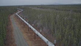 4K aerial stock footage reverse view of the pipeline through forest, during winter, Trans-Alaska Pipeline, Alaska Aerial Stock Footage | AK0001_0997