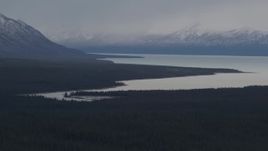 4K aerial stock footage Tazlina Lake bordered by forest and snow capped Chugach Mountains, Alaska Aerial Stock Footage | AK0001_1029