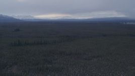 4K aerial stock footage flying over forest towards snow capped mountains, Alaskan Wilderness Aerial Stock Footage | AK0001_1039