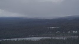 4K aerial stock footage evergreen forest around the Tazlina River, Alaska near rain clouds Aerial Stock Footage | AK0001_1043