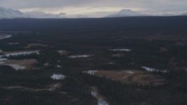 4K aerial stock footage flying over icy ponds in an evergreen forest, Alaskan Wilderness Aerial Stock Footage | AK0001_1047