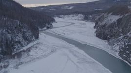 4K aerial stock footage fly over the Matanuska River and snowy Matanuska River Valley, Alaska Aerial Stock Footage | AK0001_1084