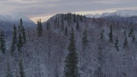 4K aerial stock footage flying over snow covered, wooded hills near Matanuska River Valley, Alaska Aerial Stock Footage | AK0001_1096