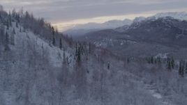 4K aerial stock footage flying over snow covered, wooded hills revealing Matanuska River Valley, Alaska Aerial Stock Footage | AK0001_1098