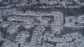 4K aerial stock footage flying over snow covered neighborhoods and trees in Eagle River, Alaska Aerial Stock Footage | AK0001_1161