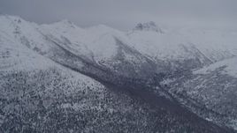 4K aerial stock footage pan across wooded valley at base of snow covered Chugach Mountains, Alaska Aerial Stock Footage | AK0001_1176