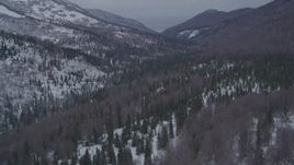 4K aerial stock footage flying over a wooded valley in the snow covered Chugach Mountains, Alaska Aerial Stock Footage | AK0001_1189
