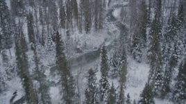 4K aerial stock footage following a river through snow covered forest, Chugach Mountains, Alaska Aerial Stock Footage | AK0001_1198