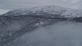 4K aerial stock footage flying through fog over snowy, wooded slopes in Chugach Mountains, Alaska Aerial Stock Footage | AK0001_1538