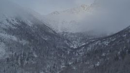 4K aerial stock footage a narrow wooded valley, snowy mountains, Chugach Mountains, Alaska Aerial Stock Footage | AK0001_1556