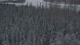 4K aerial stock footage flying over snow covered, wooded riverbank toward Knik River Valley, Alaska Aerial Stock Footage | AK0001_1598