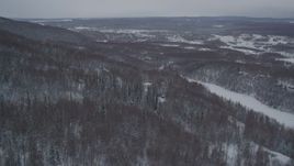 4K aerial stock footage approaching homes in snow covered, wooded hills, Chugiak, Alaska Aerial Stock Footage | AK0001_1628