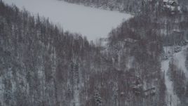 4K aerial stock footage flying away from kids playing hockey, homes in snow covered woods, Chugiak, Alaska Aerial Stock Footage | AK0001_1630