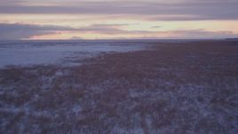 4K aerial stock footage flying low over frozen, snowy ground and grass at twilight, Point MacKenzie, Alaska Aerial Stock Footage | AK0001_1701