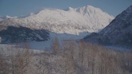 4K aerial stock footage flying over forest toward snow covered Chugach Mountains, Alaska Aerial Stock Footage | AK0001_1774