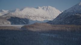 4K aerial stock footage flying over woods toward snow covered Chugach Mountains, Alaska Aerial Stock Footage | AK0001_1775